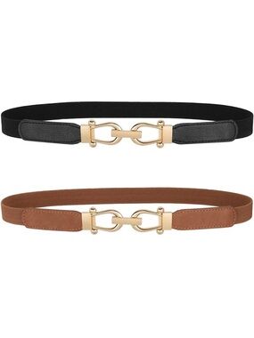 Women's Elastic Waist Belt with Gold Interlocking Buckle - Black & Brown